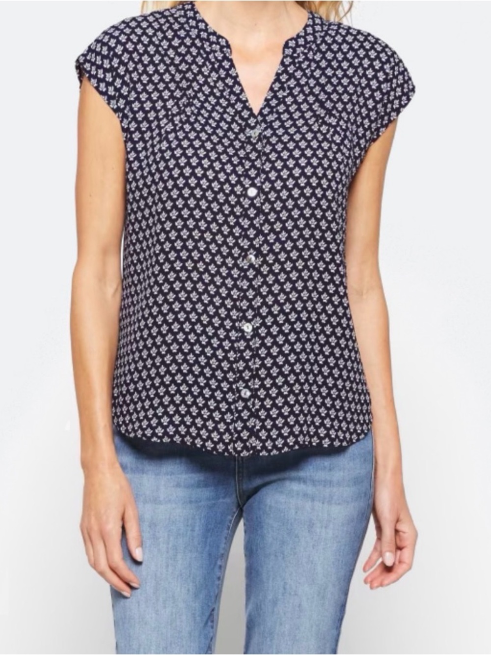 Papermoon Navy and White Micro Floral Button-Front Cap Sleeve Top - Picture 3 of 5